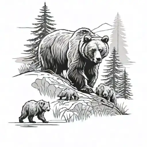 Grizzly bear with 3 cubs walking in the forest tattoo design idea