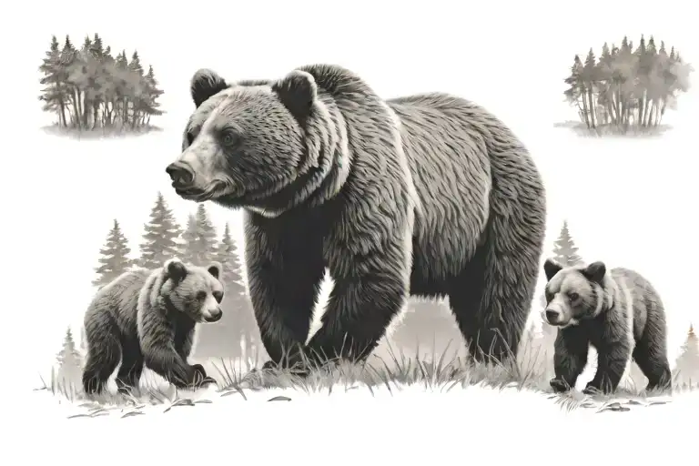 Grizzly bear with 3 cubs walking in the forest tattoo design idea