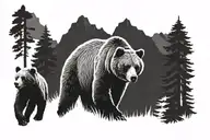 Grizzly bear with 3 cubs walking in the forest scene tattoo design idea