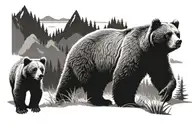 Grizzly bear with 3 cubs walking in the forest scene tattoo design idea