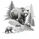 Grizzly bear with 3 cubs walking in the forest tattoo design idea