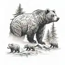 Grizzly bear with 3 cubs walking in the forest tattoo design idea