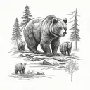 Grizzly bear with 3 cubs walking in the forest tattoo design idea