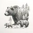 Grizzly bear with 3 cubs walking in the forest tattoo design idea