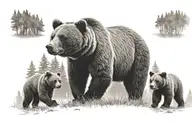 Grizzly bear with 3 cubs walking in the forest tattoo design idea