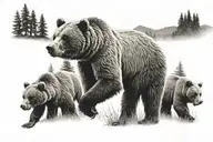 Grizzly bear with 3 cubs walking in the forest tattoo design idea