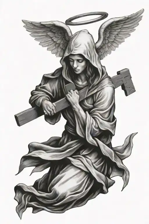 angel holding a cross with a hood  tattoo design idea
