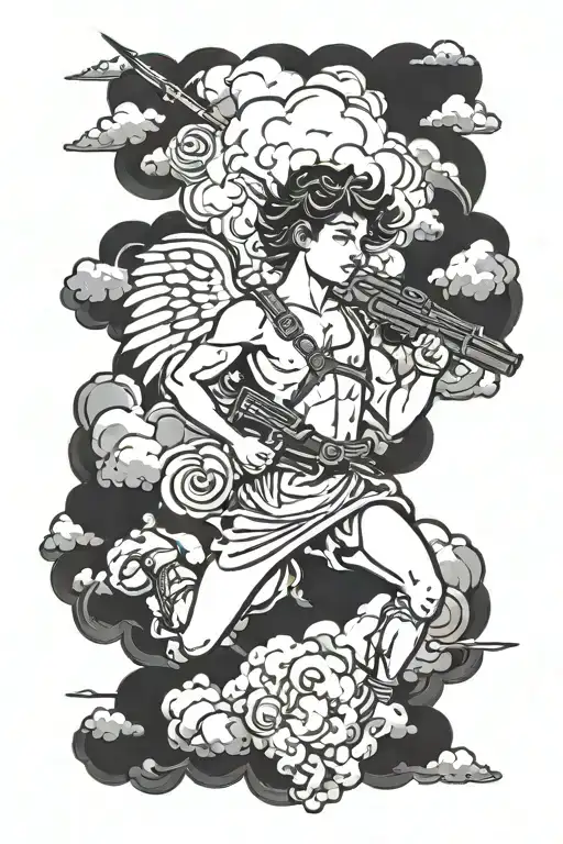 cupid holding a gun to his head  and clouds behind him  tattoo design idea
