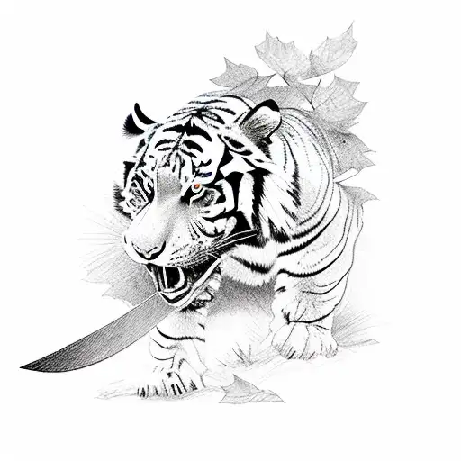 strong vigorous tiger , cutting of a leaf with an axe in the woods tattoo design idea