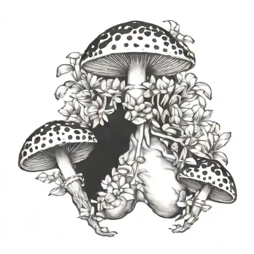 black and white chest and collar bone piece flowers mushrooms insects tattoo design idea