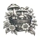 black and white chest collarbone piece alice in wonderland mushrooms and flowers tattoo design idea