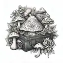 black and white chest collarbone piece alice in wonderland mushrooms and flowers tattoo design idea