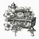 black and white chest collarbone piece alice in wonderland mushrooms and flowers tattoo design idea