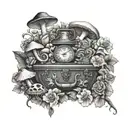 black and white chest collarbone piece alice in wonderland mushrooms and flowers tattoo design idea