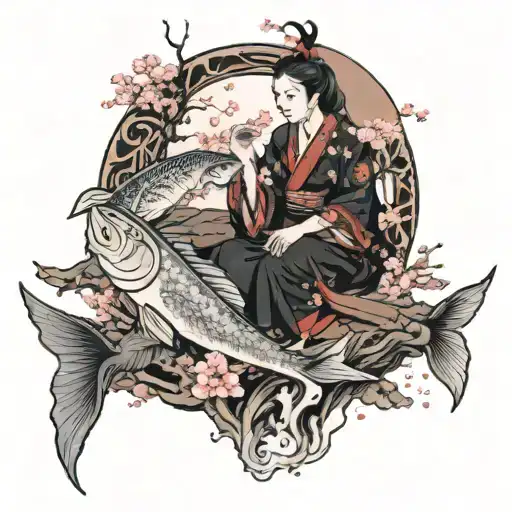 izanami and izanagi on earth and the Underworld with cherry blossoms and some fish tattoo design idea