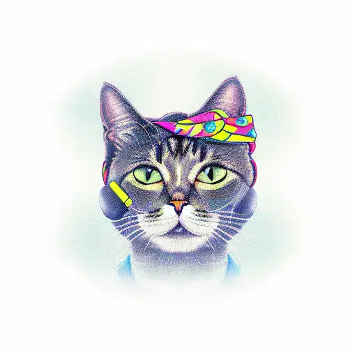 cat with a bandana and a microphone tattoo design idea