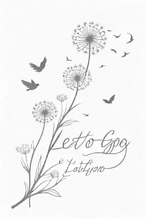 dandelion blowing into birds with the words "let go" tattoo design idea