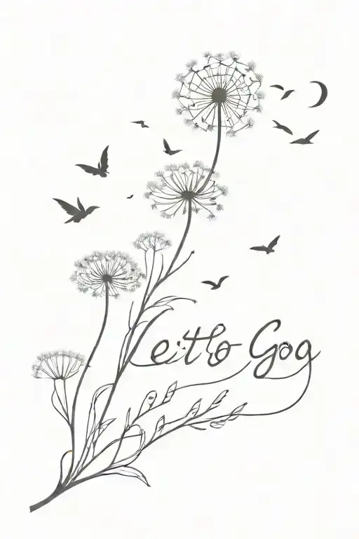 dandelion blowing into birds with the words "let go" tattoo design idea