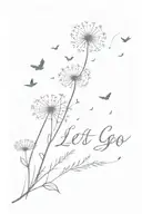 dandelion blowing into birds with the words "let go" tattoo design idea