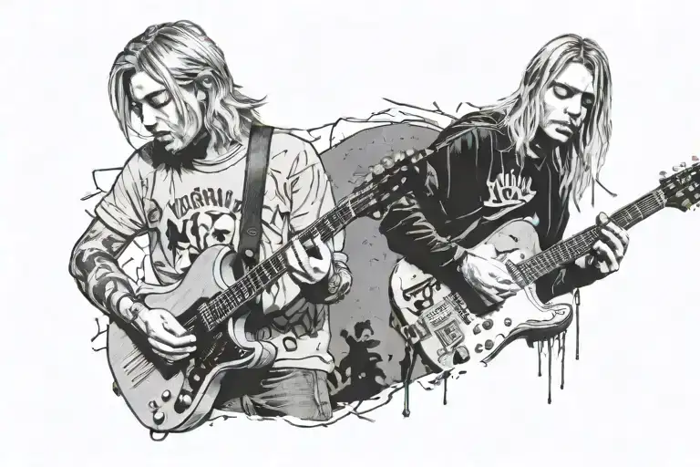 kurt cobain from 91 playing guitar singing together with xxxtentacion juat singing  tattoo design idea