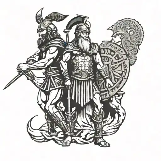 Greek warriors with the god Odin tattoo design idea