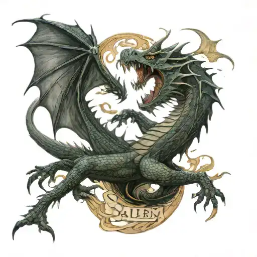 angry Dragon chasing another dragon's tail so that it forms an oval around the name "Salem"  tattoo design idea