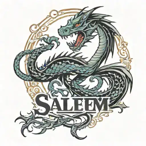 Dragon chasing another dragon's tail so that it forms an oval around the name "Salem"  tattoo design idea