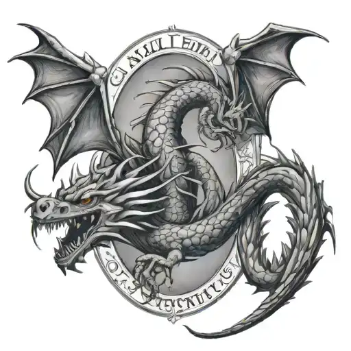 angry Dragon chasing another dragon's tail so that it forms an oval around the name "Salem"  tattoo design idea