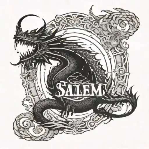 Dragon chasing another dragon's tail forming an oval around the name "Salem"  tattoo design idea