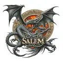 angry Dragon chasing another dragon's tail so that it forms an oval around the name "Salem"  tattoo design idea