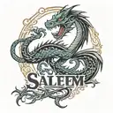 Dragon chasing another dragon's tail so that it forms an oval around the name "Salem"  tattoo design idea