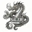 Dragon chasing another dragon's tail so that it forms an oval around the name "Salem"  tattoo design idea