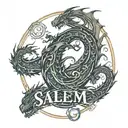 Dragon chasing another dragon's tail so that it forms an oval around the name "Salem"  tattoo design idea