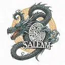 Dragon chasing another dragon's tail so that it forms an oval around the name "Salem"  tattoo design idea