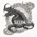 Dragon chasing another dragon's tail forming an oval around the name "Salem"  tattoo design idea