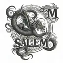 Dragon chasing another dragon's tail forming an oval around the name "Salem"  tattoo design idea