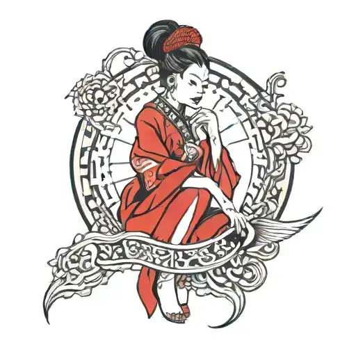 A red style tattoo with an Asian woman with red wrapped around her in a BDSM style  tattoo design idea