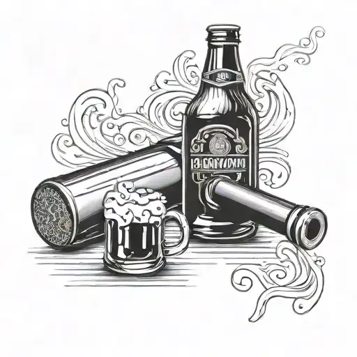 A realistic beer bottle with billiard cues as the background tattoo design idea