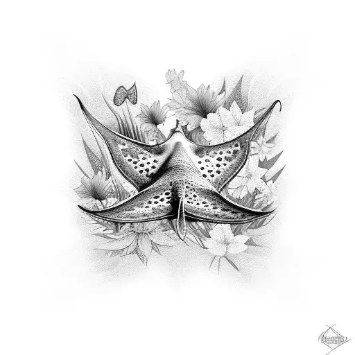 A majestic spotted eagle ray swimming through a field of vibrant tropical flowers tattoo design idea