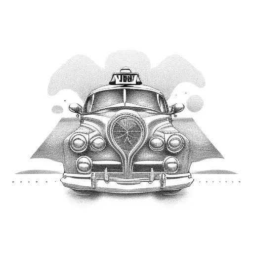 Taxi car in motion in line style tattoo design idea