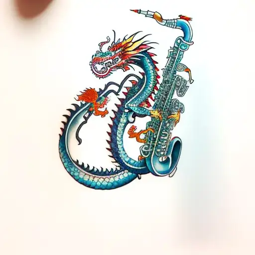 A dragon playing a saxophone tattoo design idea