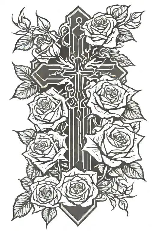 cross with roses  tattoo design idea