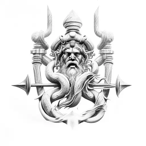 poseidon tatto for outside of the forarm with spear hyperdetailed charcoal drawing tattoo design idea