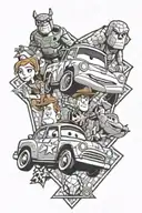 cars disney movie, woody buzz toy story, spider man, winnie tattoo design idea