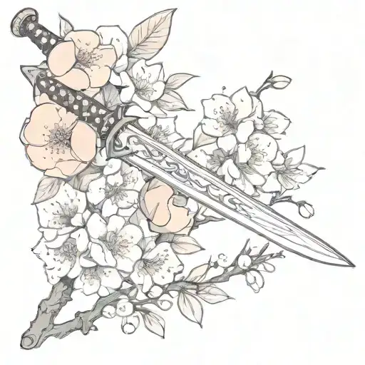 a sword with peach blossoms and juneberries tattoo design idea