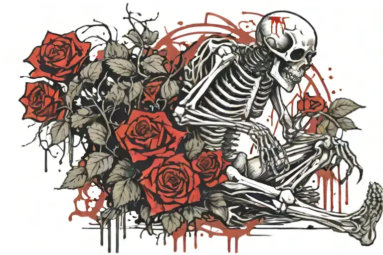 praying full body skeleton kneeling on full length blood drip rose tattoo design idea
