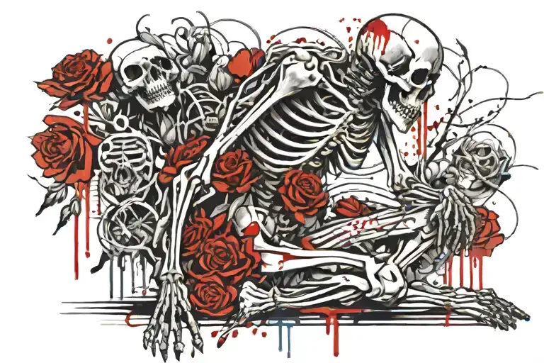 praying full body skeleton kneeling on full length blood drip rose tattoo design idea