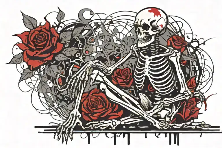 praying full body skeleton kneeling on full length blood drip rose tattoo design idea