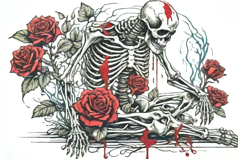 praying full body skeleton kneeling on full length blood drip rose tattoo design idea