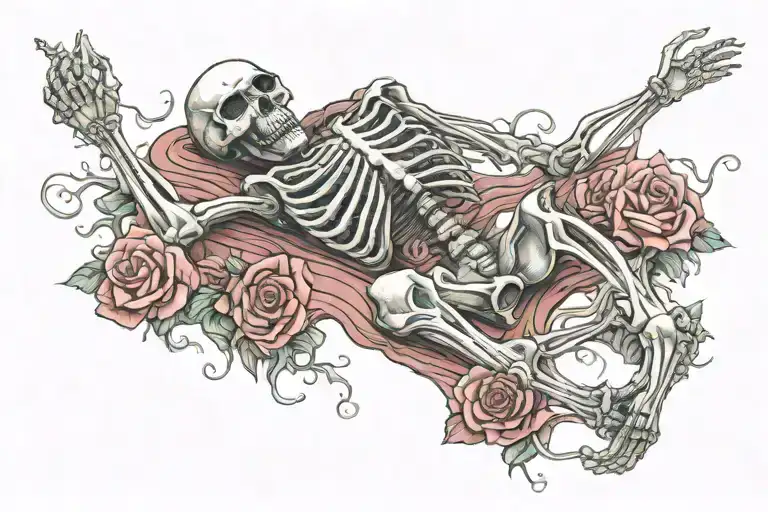 praying full body skeleton kneeling on full length blood drip rose tattoo design idea